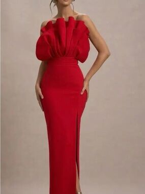 Club L London Red Strapless Pleated Ruffle Evening Dress